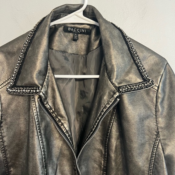 Baccini Moto Jacket Metallic Silver Faux Leather Rhinestone Embellishment XL - Picture 2 of 8
